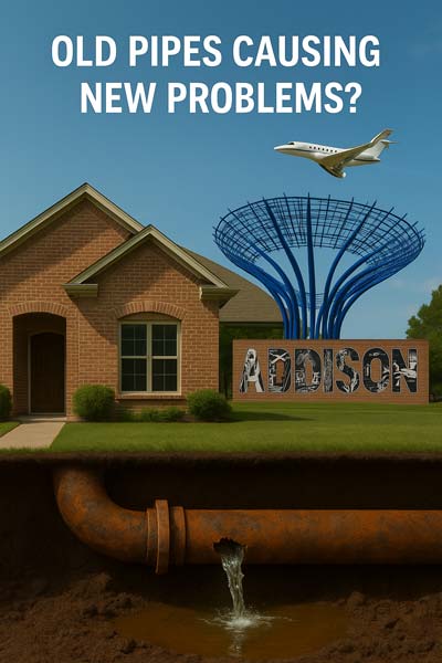 Illustration with a house and broken pipe underground.