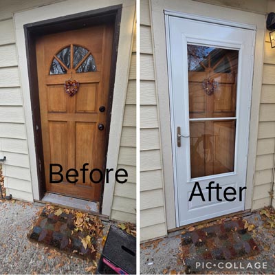 before and after screen door installation. The before has a wooden door with black trim. The after photo has the wooden door with a white screen door.