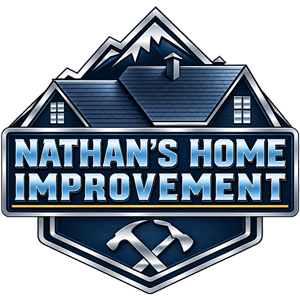 Nathan's Home Improvement logo - dark blue house with light blue lettering. Light orange line under the business name. Hammer and pick-ax under the line.