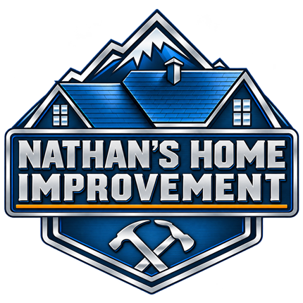 Nathan's Home Improvement logo - dark blue house with light blue lettering. Light orange line under the business name. Hammer and pick-ax under the line. 