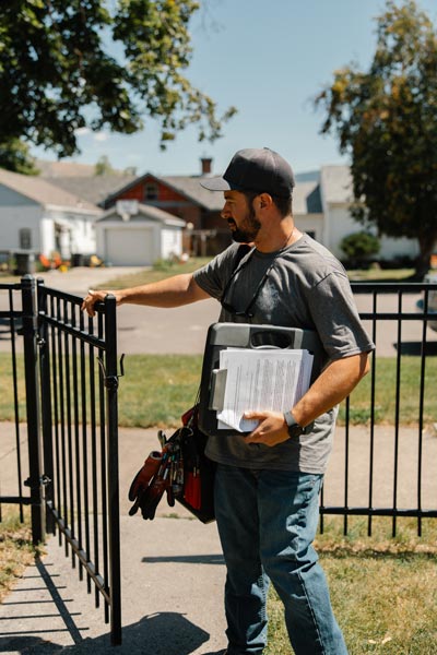 White man carrying clipboard entering gate.