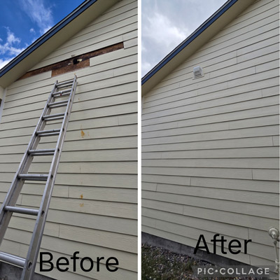 Siding repair before and after picture.