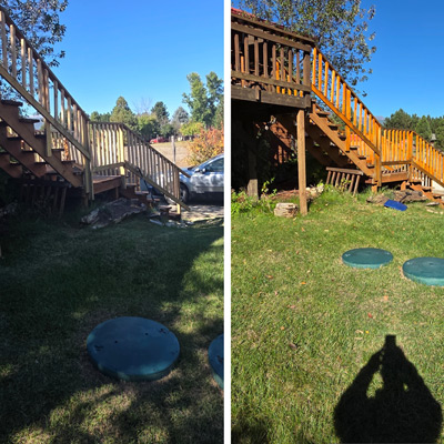 Deck staining before and after picture.